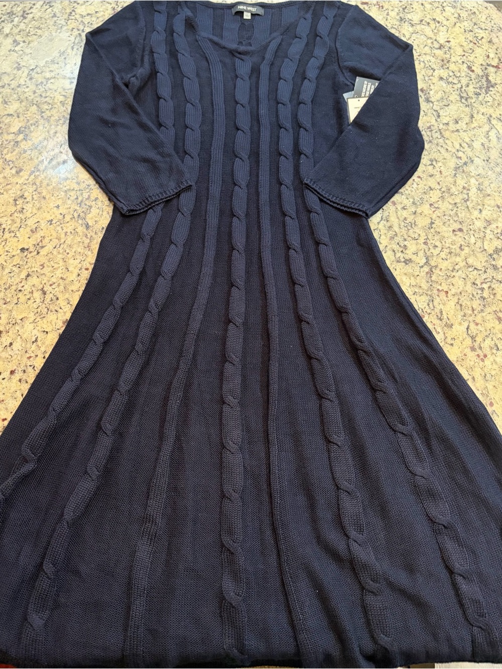 Nine West Navy Cable Knit V-Neck Long Sleeve Sweater Dress